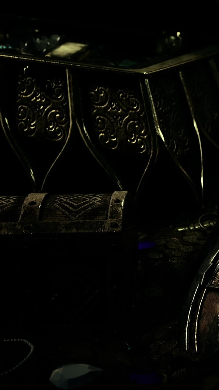 Oggetti metallici unici e tesori dall'aspetto antico in un ambiente buio all'interno.
