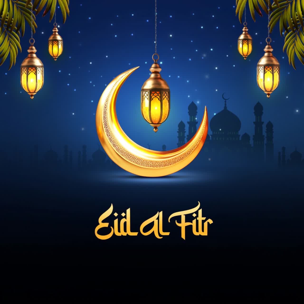 Animazione per post sui social media di auguri per l'Eid al-Fitr con lanterne a forma di mezzaluna e silhouette di moschea su sfondo sfumato blu.