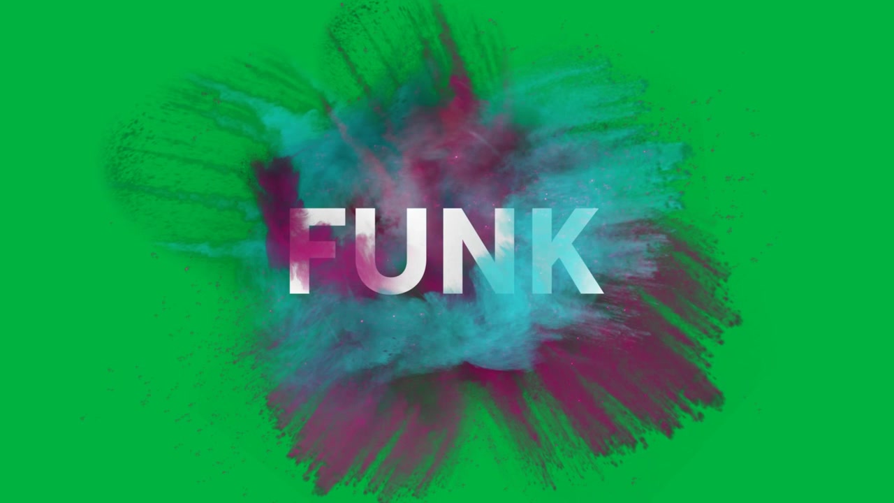 Animation of funk text with colorful smoke on black background