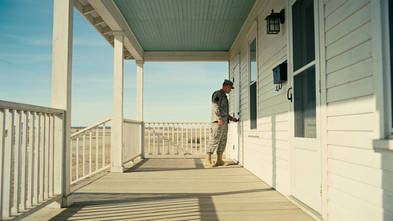 Holder døren åben, soldat i camouflagetøj træder ind på verandaen, håndterer dør, går ind, plads til tekst