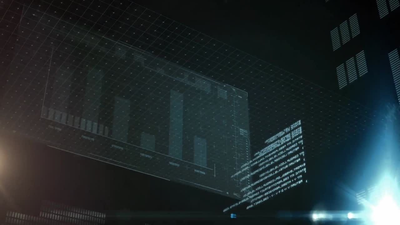 Animation of light trails over data processing on black background