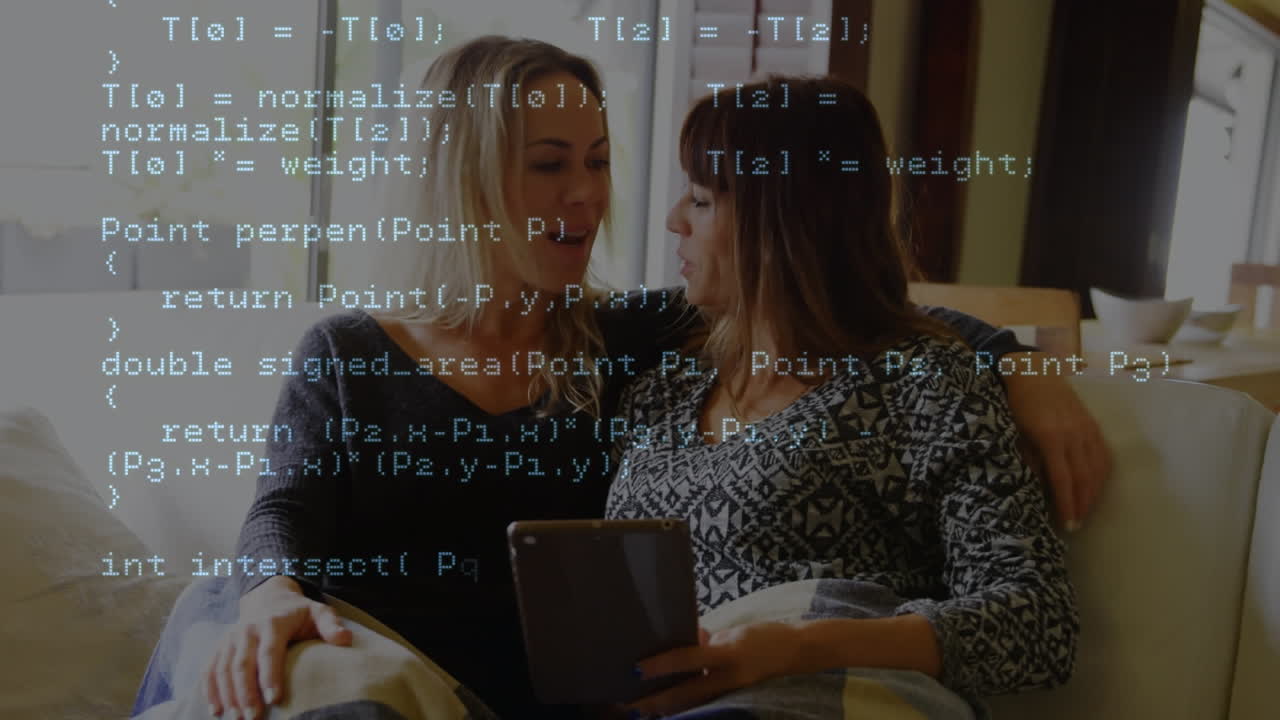 Animation of data processing over caucasian women using tablet