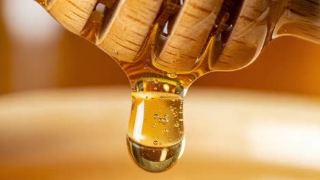 Close-Up of Golden Honey Dripping from a Wooden Dipper, Showcasing Its Rich Color and Viscosity, Perfect for Culinary or Natural Health Discussions