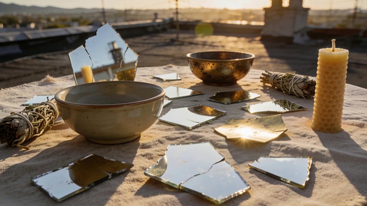 Sun sinking camera panning to bowls mirror shards beeswax candle smudge sticks on rooftop glinting
