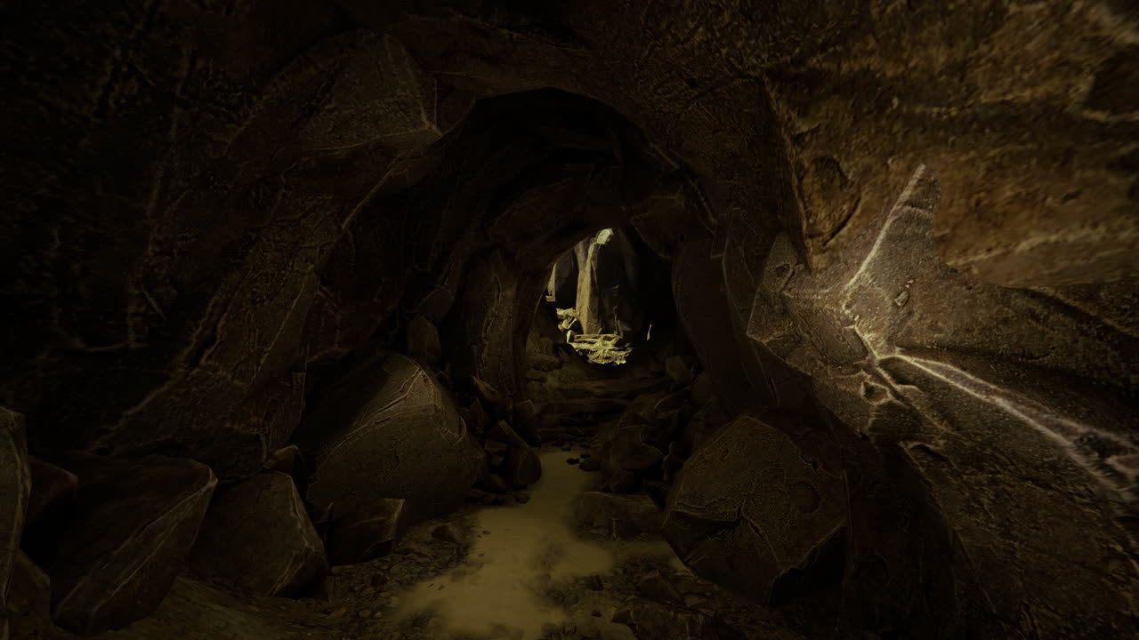 Exploring a mysterious cave with unique rock formations and shadows
