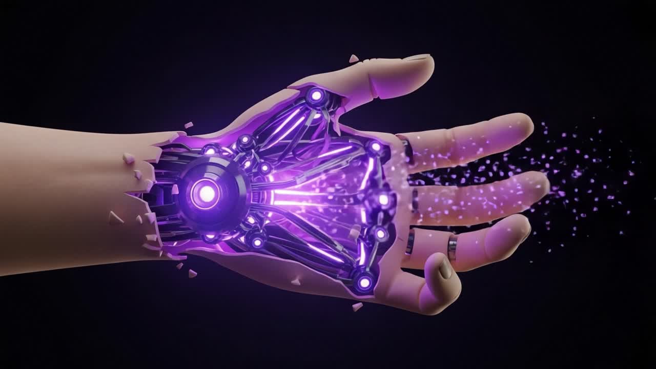 An Intricate Robotic Hand Transitioning from a Mechanical State to a Solidified Form, Showcasing Advanced Technology and Creative Design in a Futuristic Concept