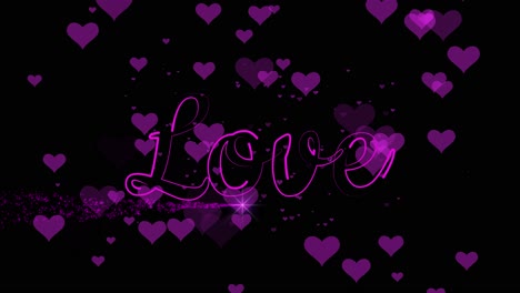 love is spelled out over a background of floating hearts then a light underlines love with pink dust