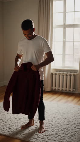 man trying on a sweater at home