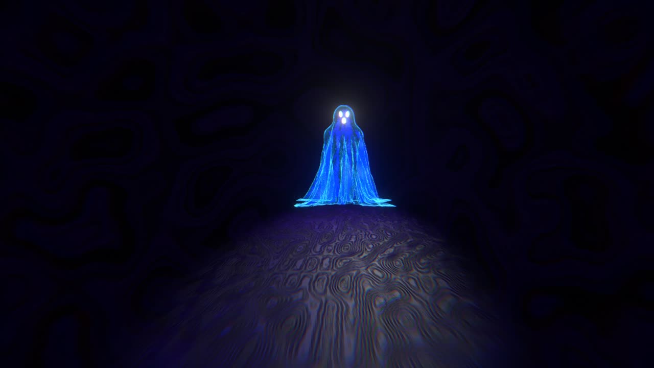 Frightening glowing blue ghost with burning eyes materializing and floating in a dark, scary environment. Perfect for halloween horror concepts