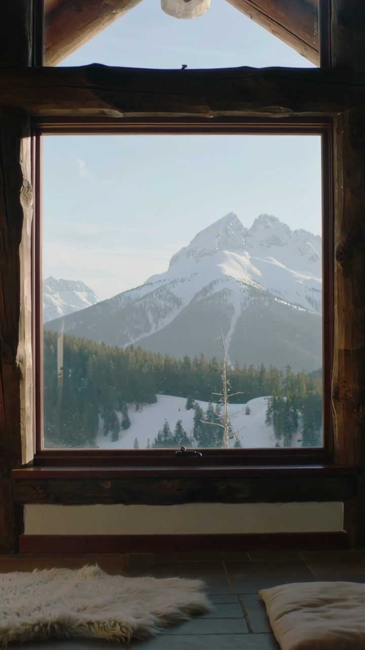 Vertical video: Window framing peak expanding with camera shifting, showing snow, rug for travel