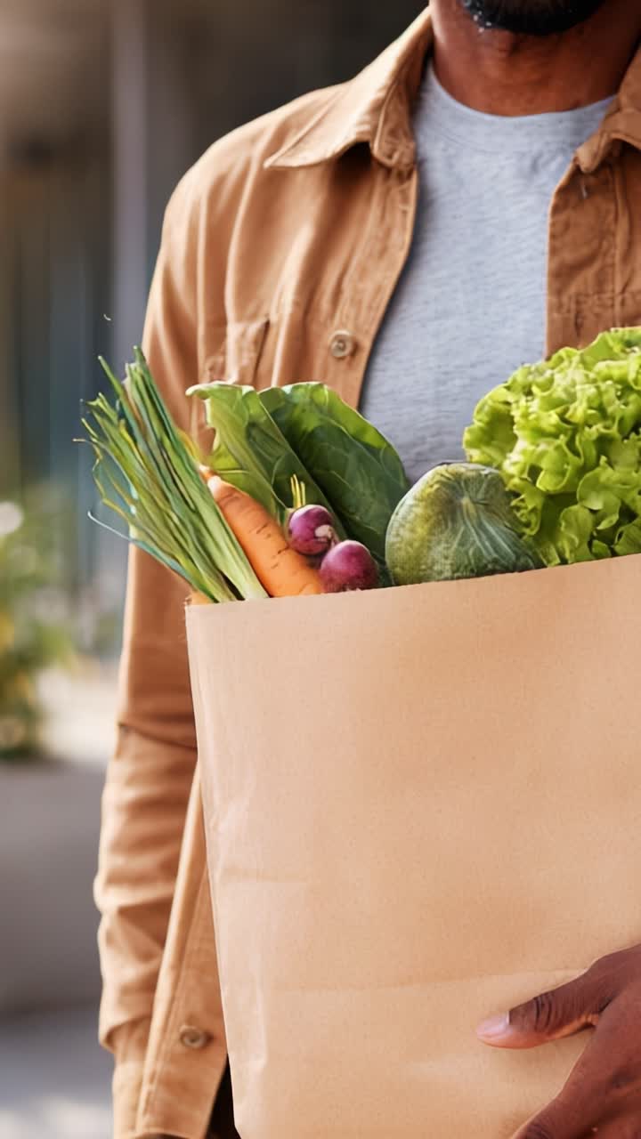 A Person Holding a Brown Paper Bag Filled with Fresh Vegetables Including Carrots, Lettuce, Cucumbers, and Green Onions, Emphasizing Healthy Eating Choices