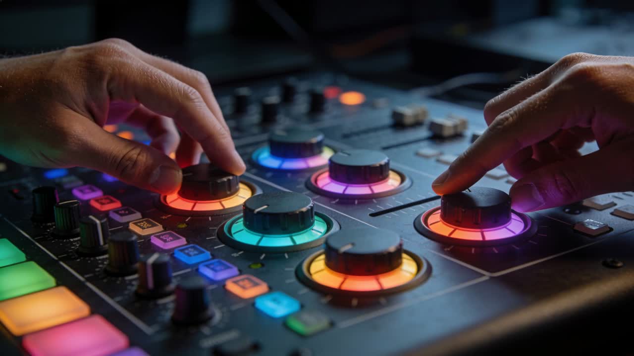 DJ-hænder justerer, drejer og trykker på LED-knapper i en dæmpet studiebås, mixer et live-nummer
