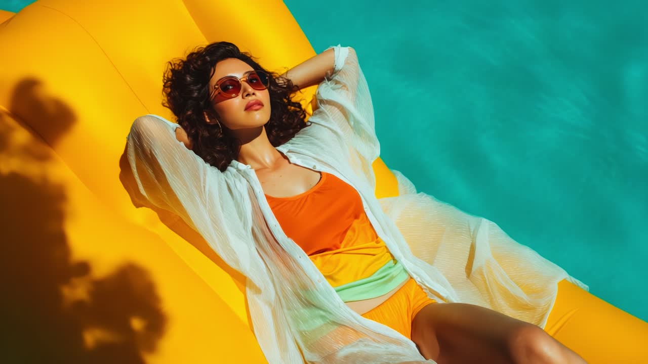 A woman relaxes on a bright yellow float in a turquoise swimming pool, enjoying the warm sunlight in a stylish swimsuit while exuding confidence and tranquility in a serene summer setting