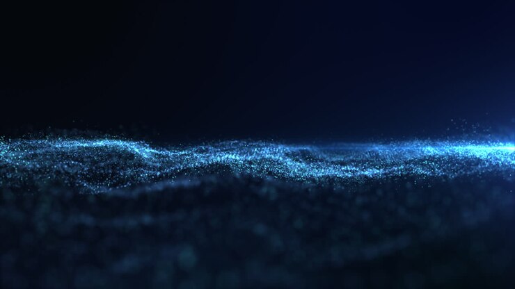 Particelle grafiche in movimento generate digitalmente, un'onda astratta che scorre in uno sfondo sfocato con tecnologia cyberspaziale.