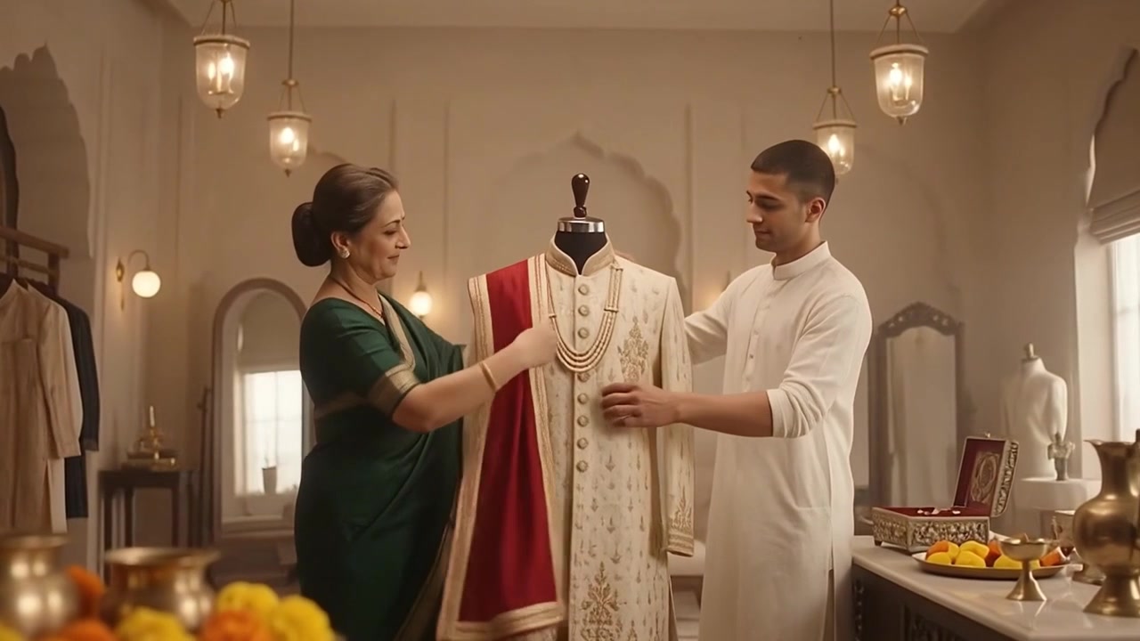 Mãe e filho escolhendo trajes tradicionais de casamento indiano