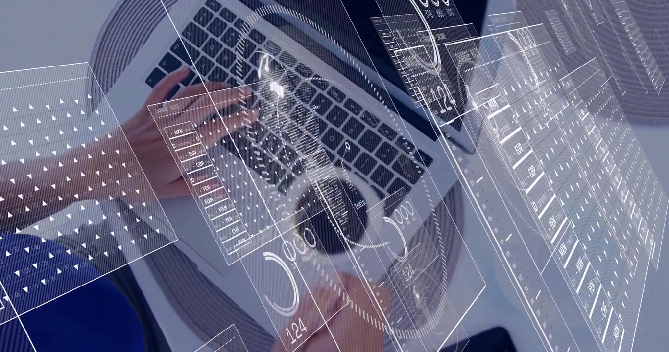 woman typing on laptop in home workspace, featuring floating data analysis dashboards and charts
