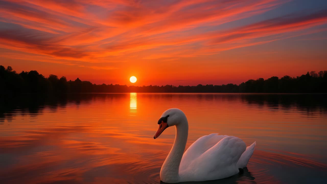 A serene video concept featuring a swan gliding on a lake at sunset