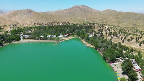 Aerial-View-of-Lake-Landscape-in-Kabul-Afghanistan,-Blue-sky