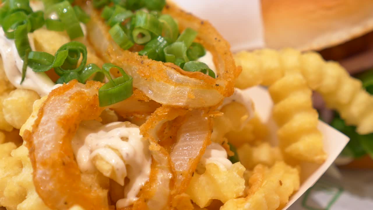 Fries with onion rings and scallions