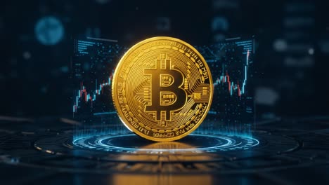 shining golden bitcoin surrounded by digital charts and data visualization, symbolizing cryptocurrency trends and financial technology advancements in a modern trading environment