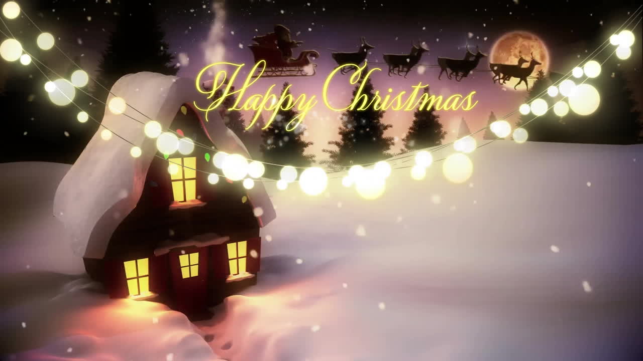 Animation of happy christmas text and decorations over winter scenery and santa in sleigh