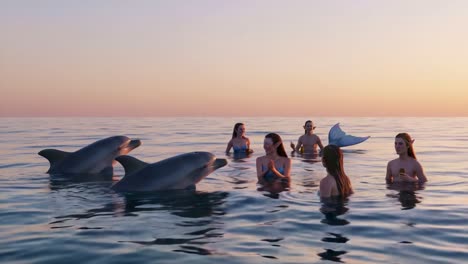 a magical moment unfolds as a group of friends interact joyfully with dolphins in the shimmering ocean waters at sunset, creating unforgettable memories in nature