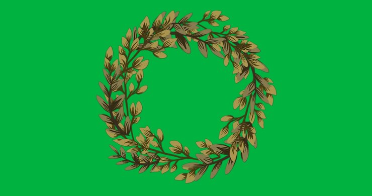 graphic designer arranging woven wreath on transparent background, floating golden leaves