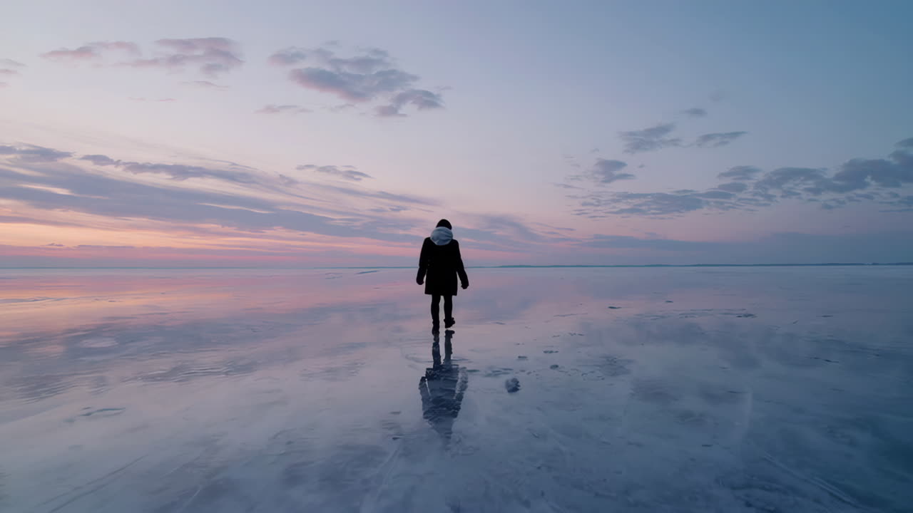 Solitary Figure on a Vast Reflective Icy Landscape at Sunset
