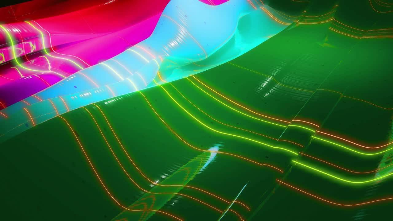 abstracto fondo festivo 3d como superficie de dulzura con hermosas olas correr en una superficie muy brillante y brillante con brillo brillante, chispas luminosas, brillante gradiente de color arco iris. animación en bucle 4k