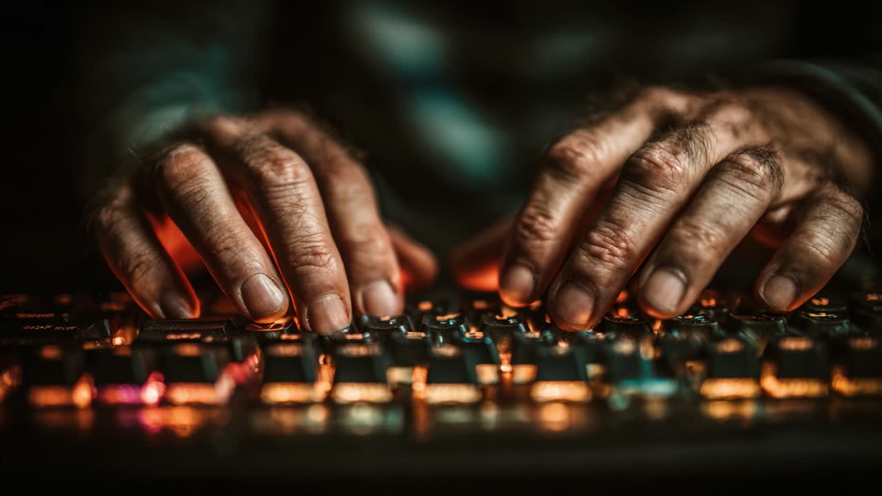 An Engaging Display of Skillful Typing: A Close-Up of Experienced Hands at Work on a Backlit Keyboard Capturing the Essence of Digital Interaction