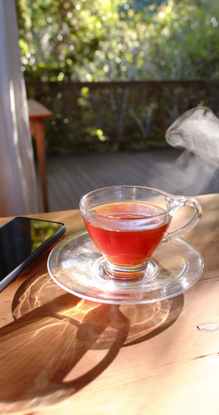 Video verticale: Tazza e piattino di vetro su una terrazza che rilasciano vapore mentre il sole riscalda il tè e la telecamera si inclina.