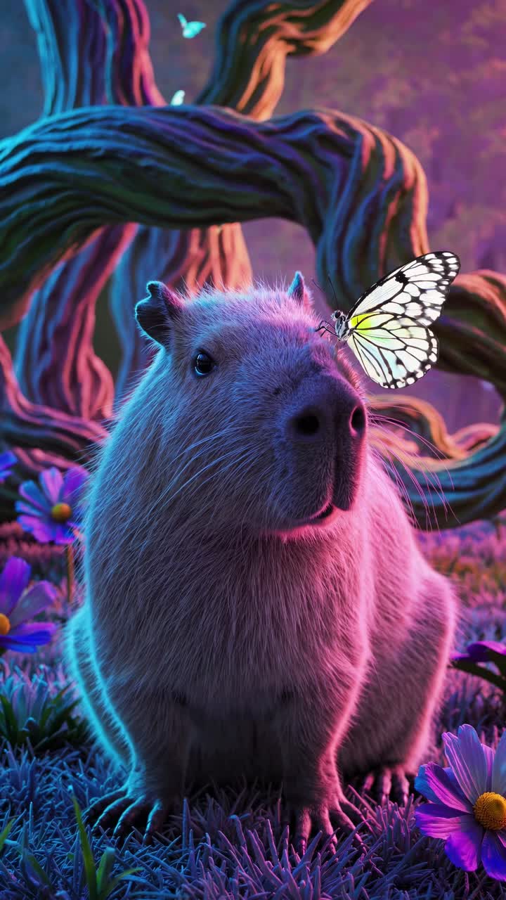 Una stravagante scena video con un capibara circondato da farfalle luminose e fiori vivaci