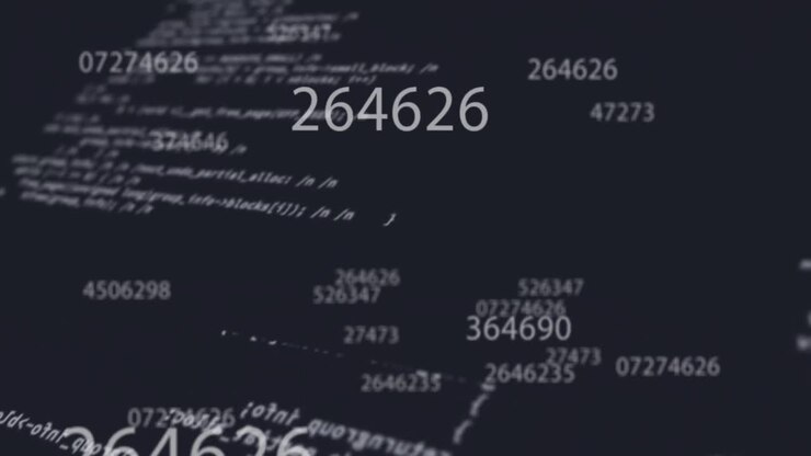 Digital animation of multiple changing numbers floating against data processing on black background