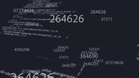 Digital animation of multiple changing numbers floating against data processing on black background