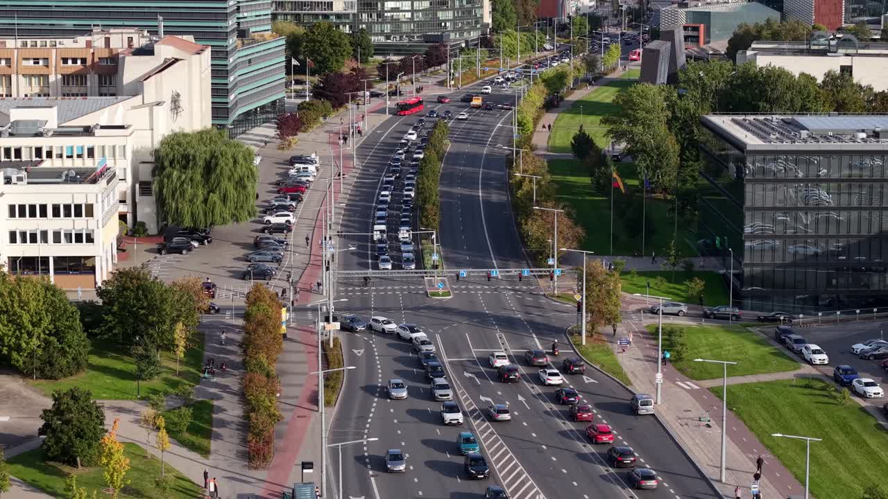 Static drone view of busy traffic arteries in Vilnius during rush hour