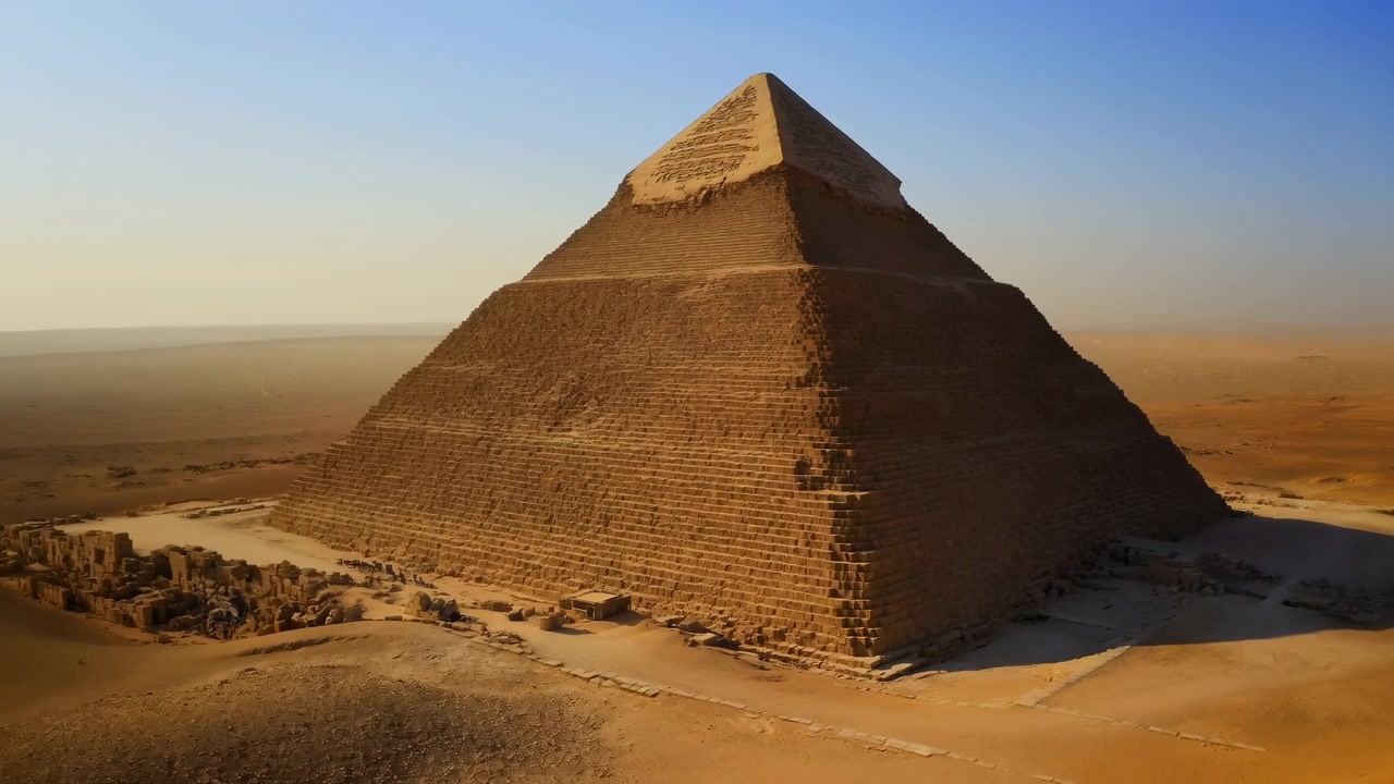 Un lento movimento aereo si avvicina a una monumentale piramide di pietra sopra un terreno sabbioso, con muratura a gradoni, rovine sparse, calda luce dorata, profonda ombra laterale e un orizzonte desertico aperto