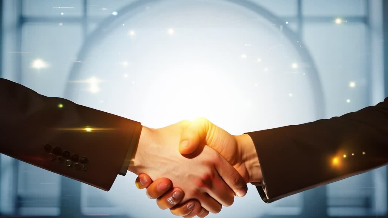 dos socios de negocios estrechando las manos, creando un efecto de luz brillante y chispas en un entorno de oficina moderno