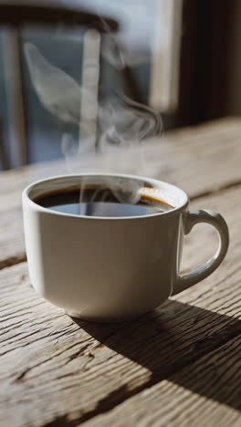 hot coffee on a wooden table