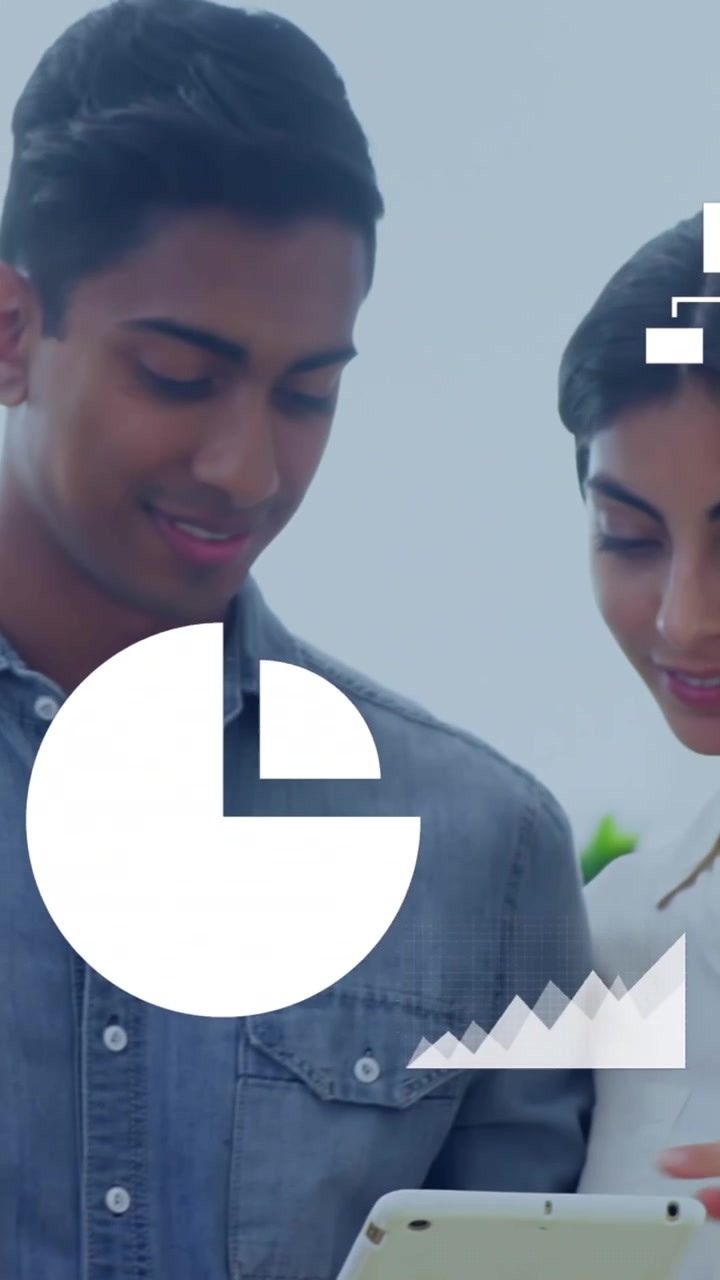 Animation of statistical data processing over diverse man and woman discussing over tablet at office