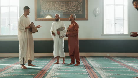 islam, men and together in mosque for religion