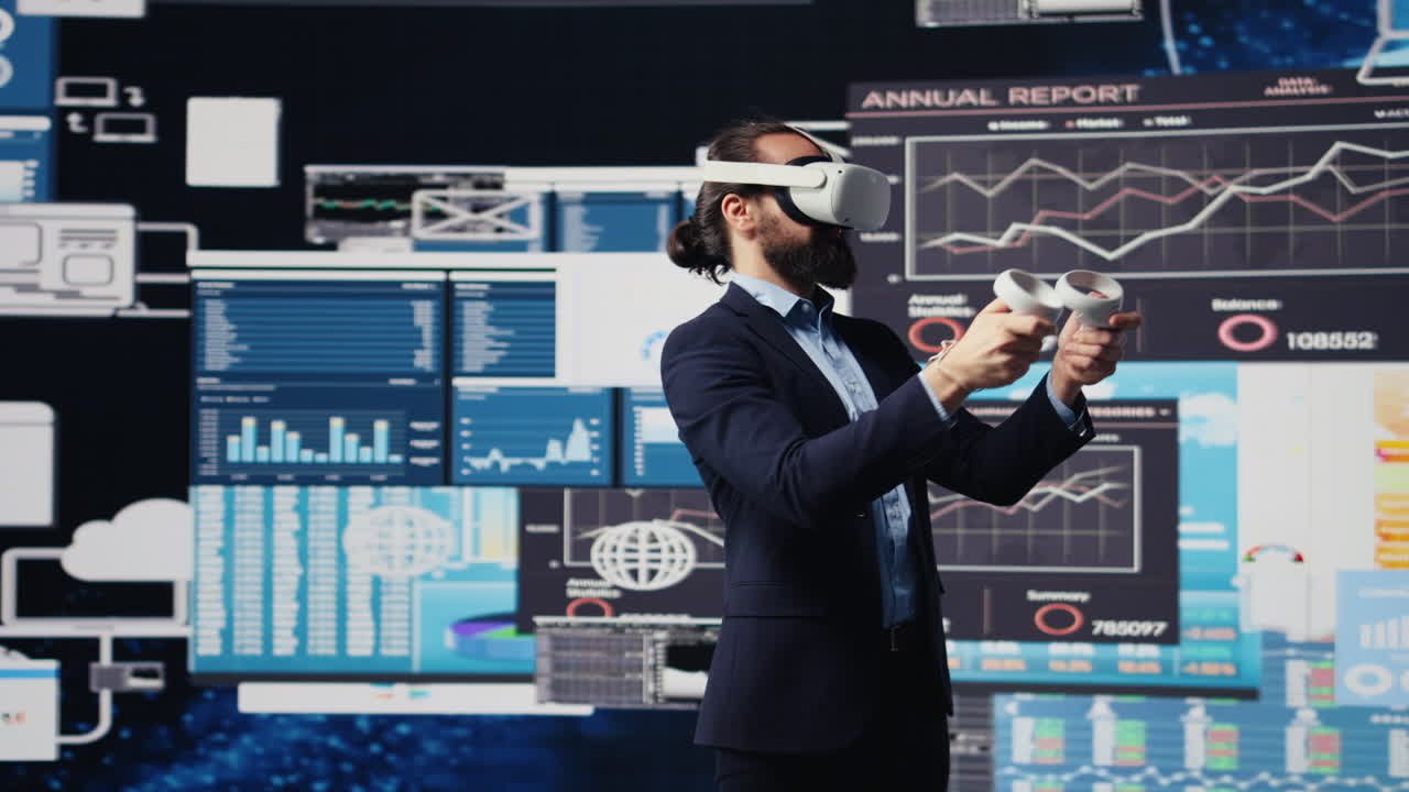 Leader does data driven planning with VR device set for successful strategy