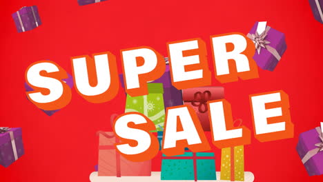 animation of sale text over colorful falling gifts