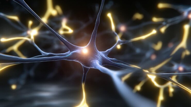 Visualizzazione Dinamica di Neuroni che Mostrano Attività Sinaptica in una Rete Neurale, Evidenziando la Connessione e la Comunicazione tra le Cellule Neuronali