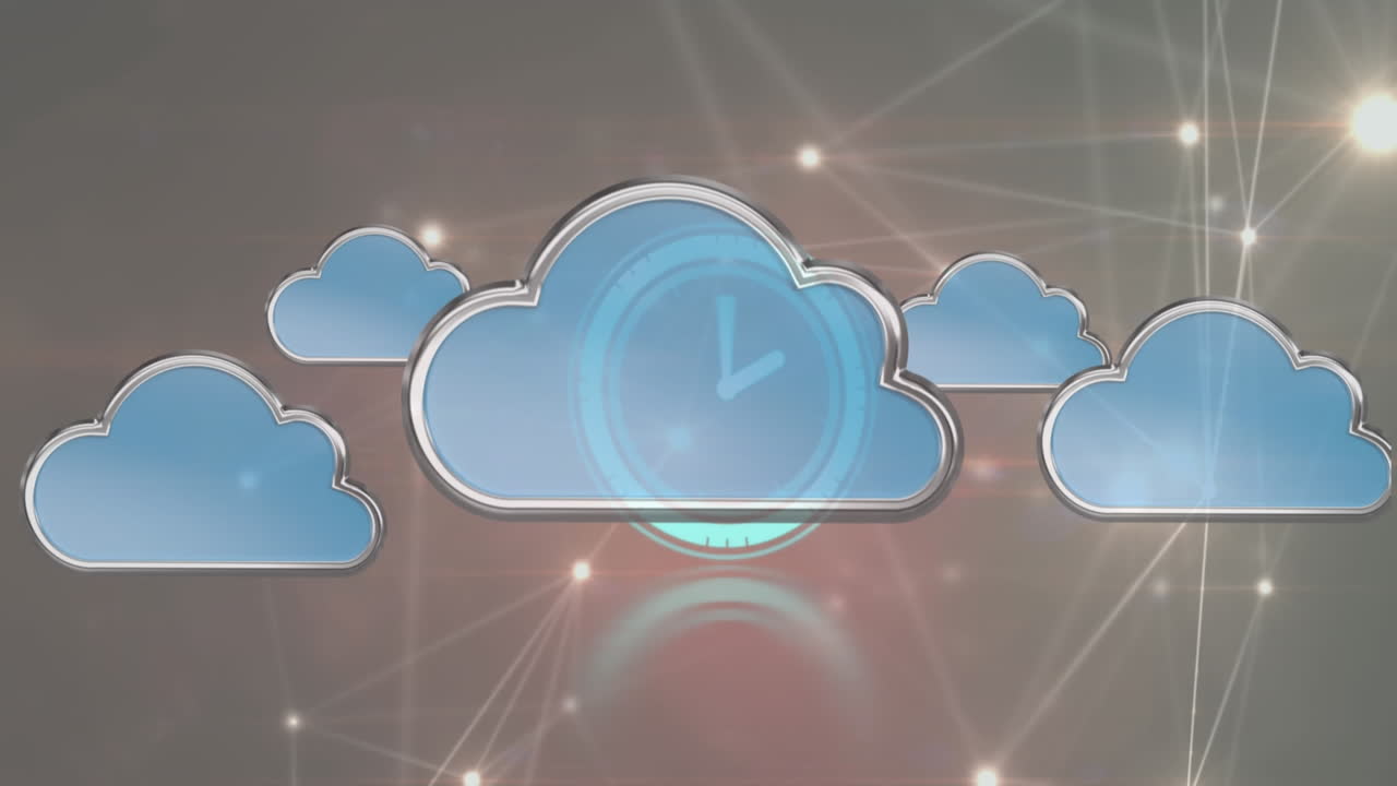 animación de iconos de nubes sobre un reloj de neón y una red de conexiones brillantes.