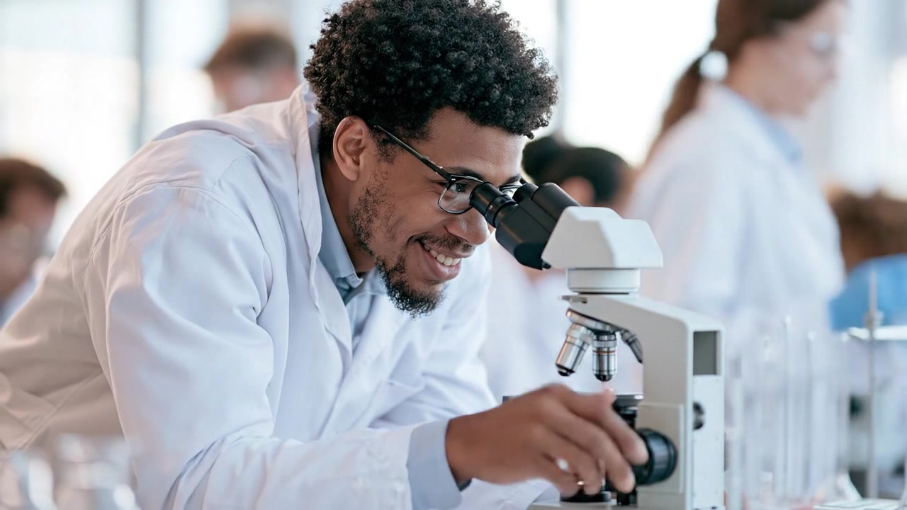 Ricercatore di laboratorio che esamina un campione attraverso un microscopio professionale.