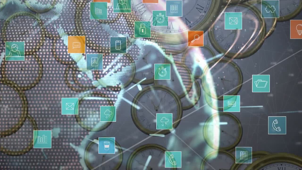 animación de relojes que caen sobre el globo y red de iconos de medios