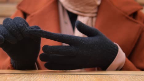 woman wearing black gloves with a brown coat and a beige scarf