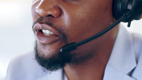 call center, face and black man talking