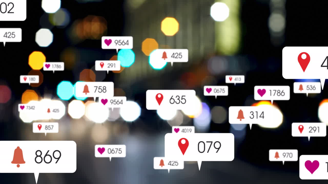 소셜 미디어 아이콘과 숫자의 애니메이션이 초점을 맞추지 않는 교통 신호등