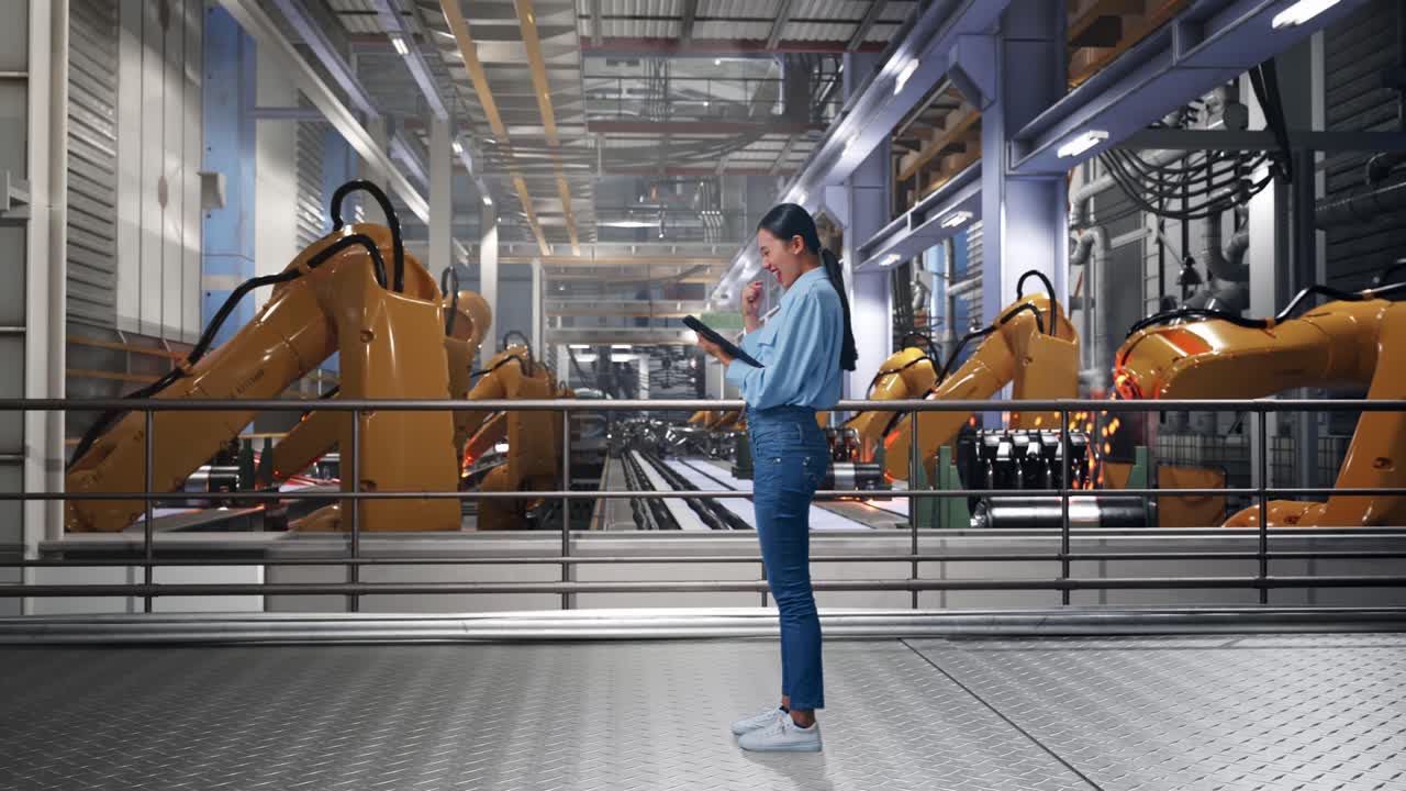 Full Body Side View Of Asian Female With Her Tablet With Industrial Robotic Arms Working, She Raises Her Fist Up With Screaming Goal